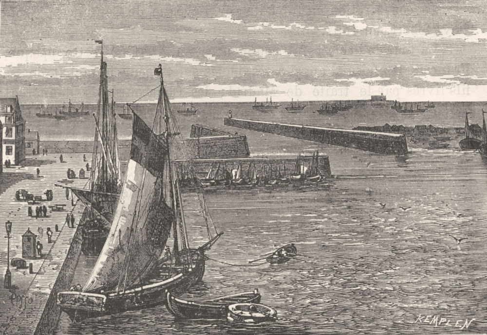 MANCHE. Cherbourg. L'avant-port et les jetees 1880 old antique print picture